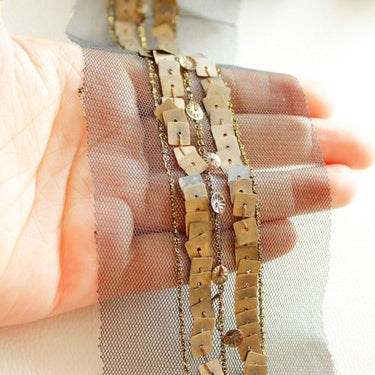 Black Net Lace Trim With Antique Bronze Sequins, Approx. 75mm wide
